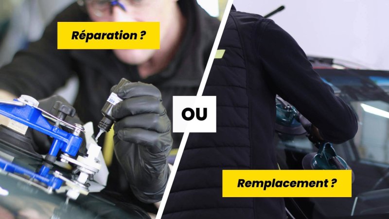 Technicien répare impact et techniciens remplacent un pare-brise
