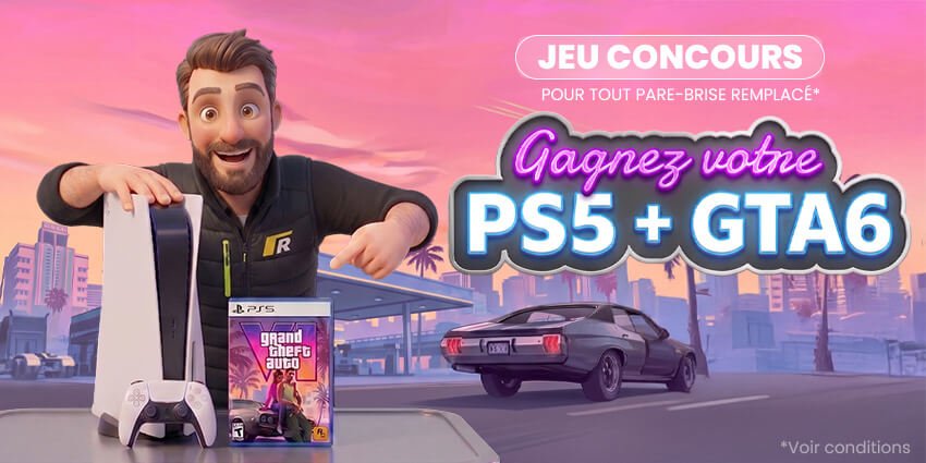 Personnage 3D présente une PS5 et le jeu GTA 6 pour un jeu concours