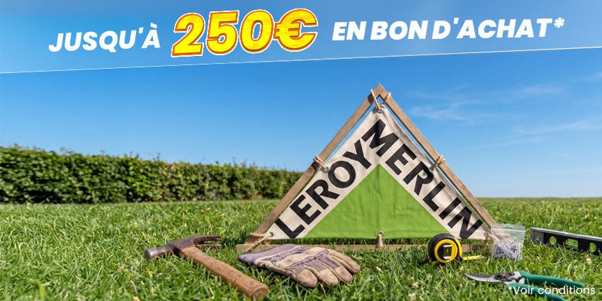 Logo Leroy Merlin avec des outils et une forêt en arrière plan