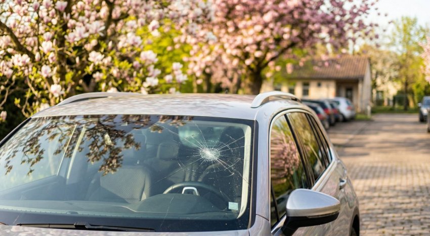 Voiture avec pare-brise fissuré et arbre en fleur à l'arrière plan