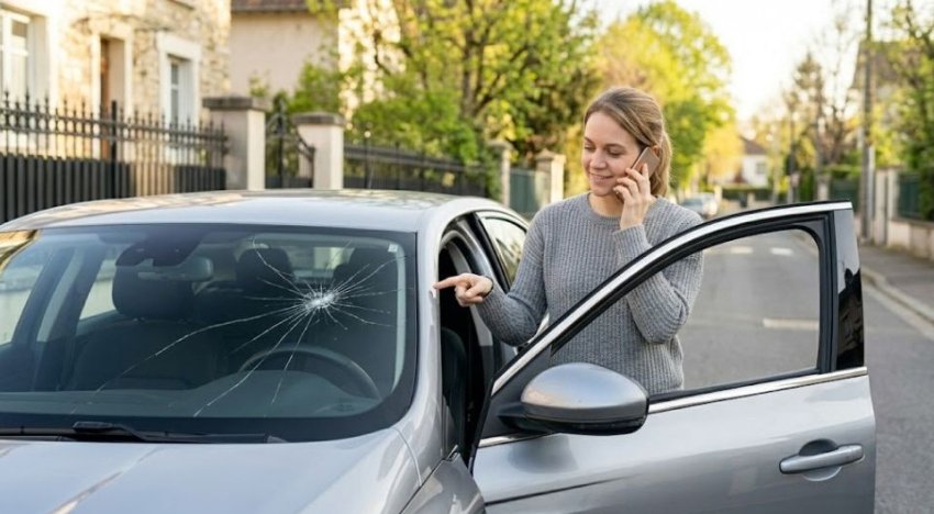 Femme appelle assureur devant sa voiture avec le pare-brise fissuré