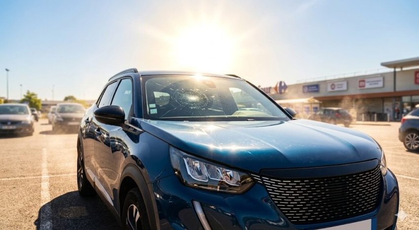 Voiture avec pare-brise fissuré en plein soleil suite à un choc thermique