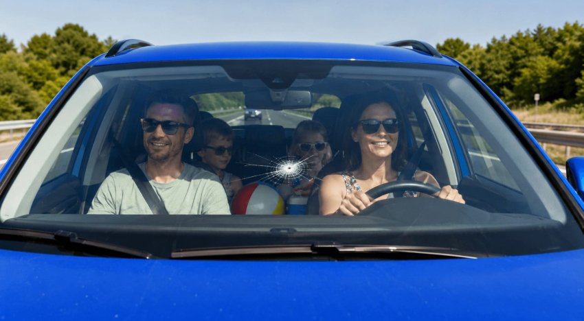 Famille en voiture avec un pare-brise impacté sur la route des vacances